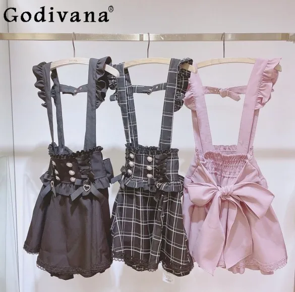 Japanese Gothic Lolita Ribbon Bow Diamond Pearl Buckle Removable Short Suspender Skirt Girls Sweet Y2k Lace A-Line Mini Skirts