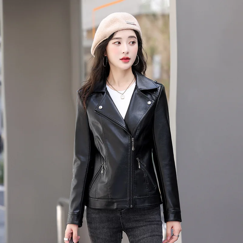 جديد إمرأة كلاسيكي معطف جلد ربيع الخريف 2025 بدلة على الموضة طوق سليم قصير جلد الغنم ملابس خارجية السائق سترة جلدية الإناث