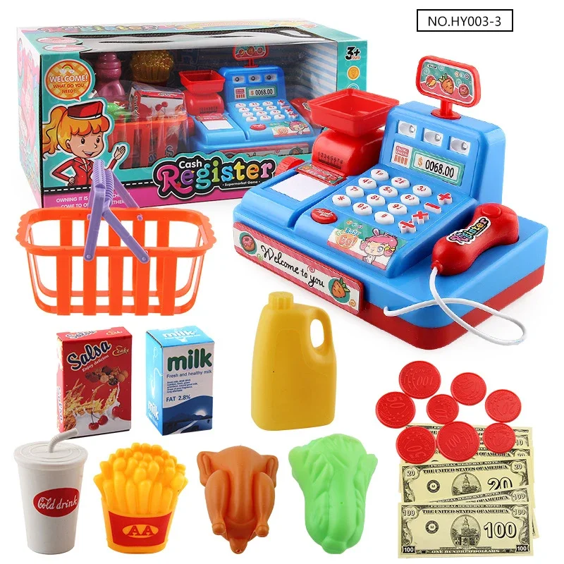 Kids Cash Register Pretend Play Toys Mini Supermarket Shopping Set Simulation Food Calculation Checkout Counter For Children