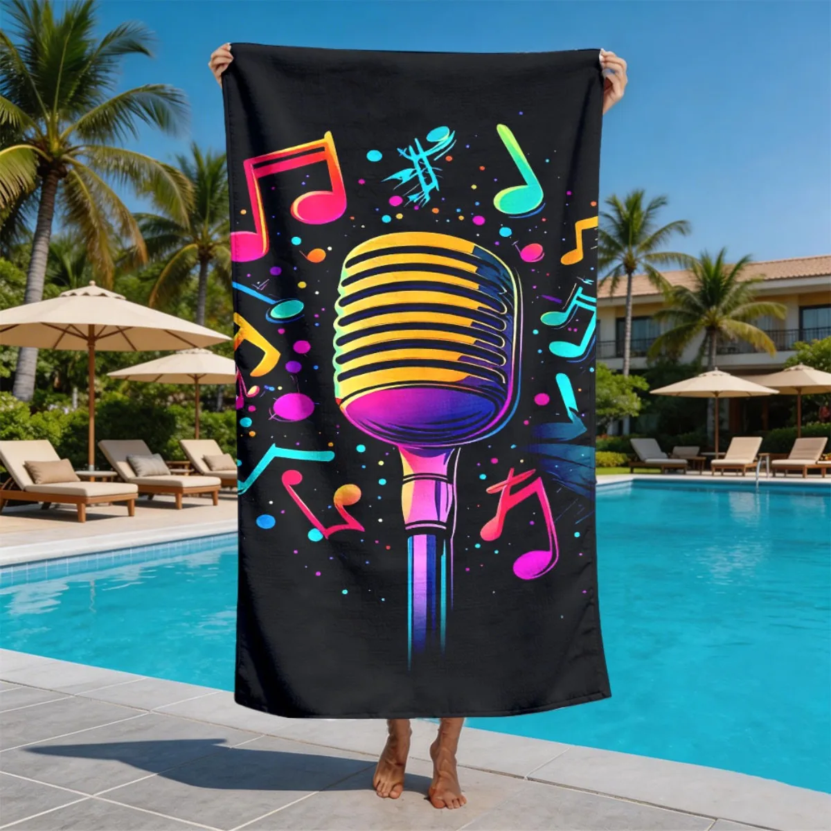 Neon microphone music pattern polyester microfiber beach towel is highly absorbent, suitable for swimming and beach outings