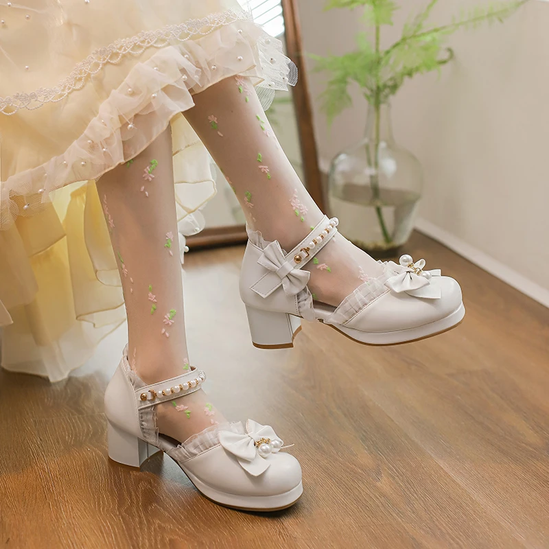 LO Lolita PU Shoes Large Bow Student Pearl Princess Sandals Cos Loli Tea Party Sweet Girl Shoes Available in Multiple Colors