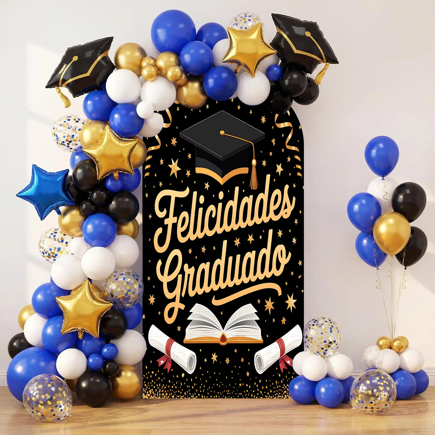 1 Peça Capa de Fundo em Arco Preto e Dourado com tema 'Parabéns Formado', com Chapéu de Formatura e Diploma, para Decoração de Formatura, Baile de Formatura e Festas