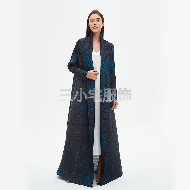 YUDX Miyake Long Sleeve Printed Dress Windbreak Women 2024 Winter New Original Designer Abayas Turndown Collar Belted Coats