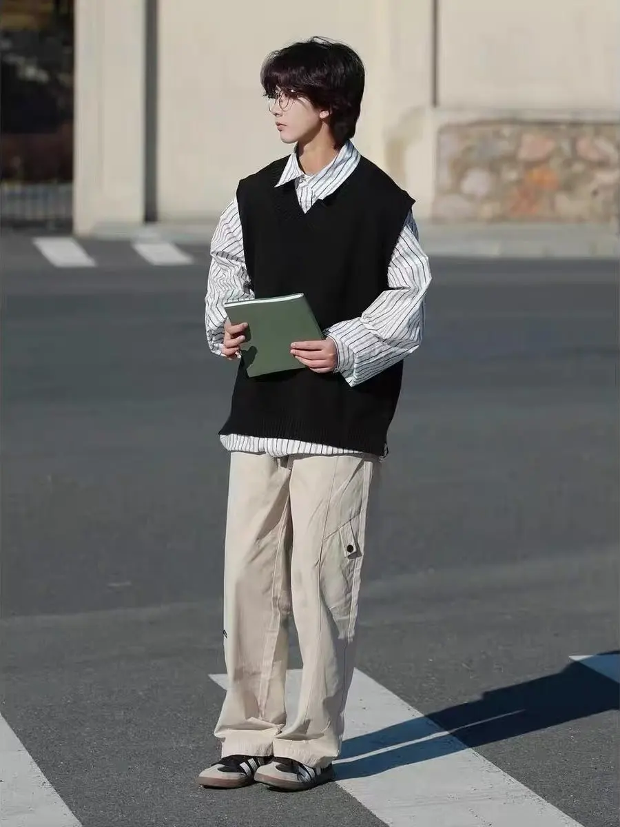 

Свободный вязаный свитер с v-образным вырезом, жилет, осень-зима, повседневный цветной свитер, мужской и женский модный удобный крой