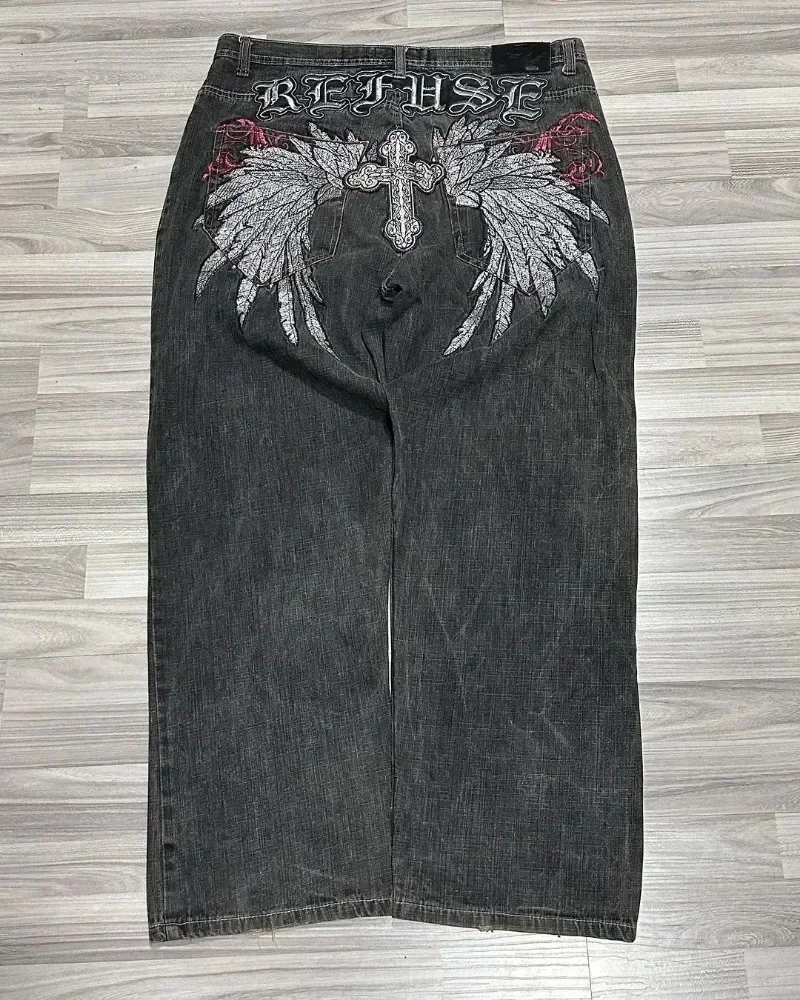 Pantalones vaqueros holgados de cintura alta para hombre y mujer, pantalón de pierna ancha, bordado de ala, Retro, azul, Y2K, Harajuku, Hip Hop, nuevo