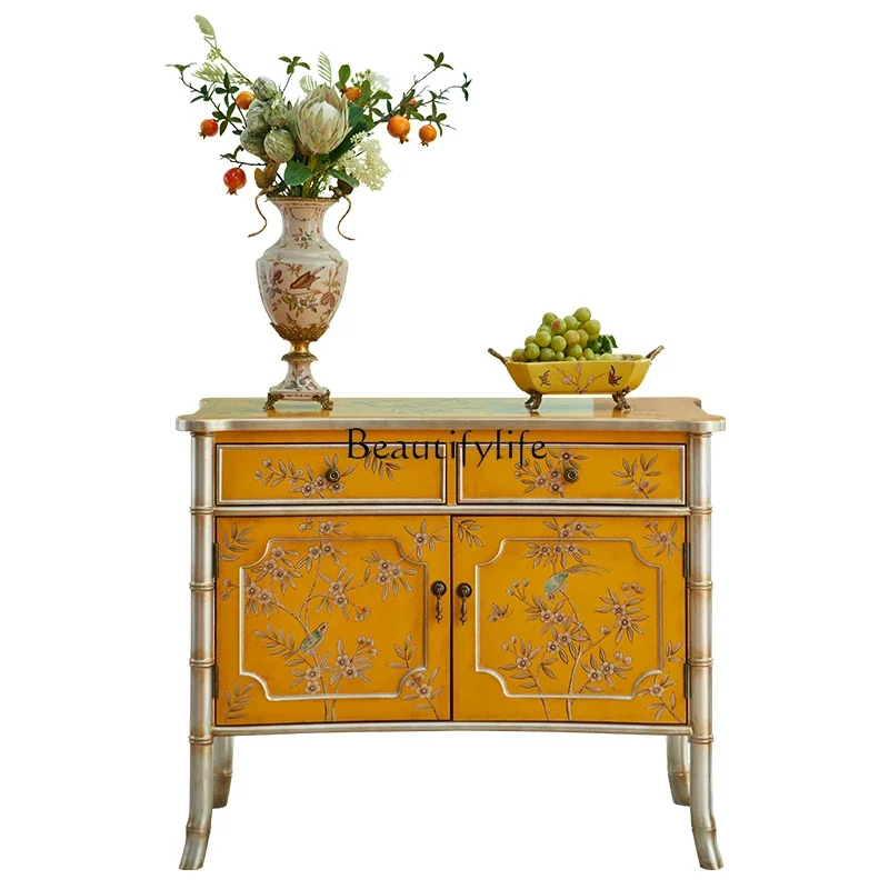 

FG44French retro solid wood dining side cabinet, golden European art hand-painted entrance decorative cabinet