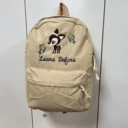 Personalized Your Name Fawn Corduroy School Backpacks Simple Backpack Solid Color Vintage Laptop Travel Backpack for Girls