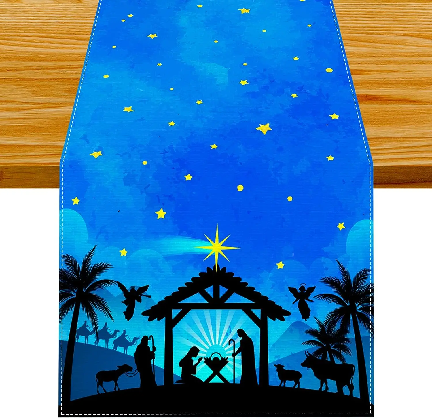 Linen Blue Christmas Nativity Scene Table Runner Religious Manger Scene Ornament Wedding Party Table Decoration Table Runner