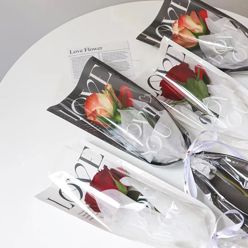 20Pcs LOVE Transparent Rose Packaging Bags Flower Bouquet Plastic Bag Bouquet Wrapping Paper One Straight Bag Flower Packaging