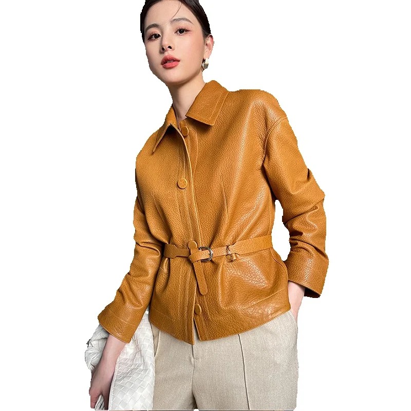 Genuine Leather Lychee Patterned Sheep Skin Women's Short Waist Slimming Jacket Spring New Jacket Leather Jacket