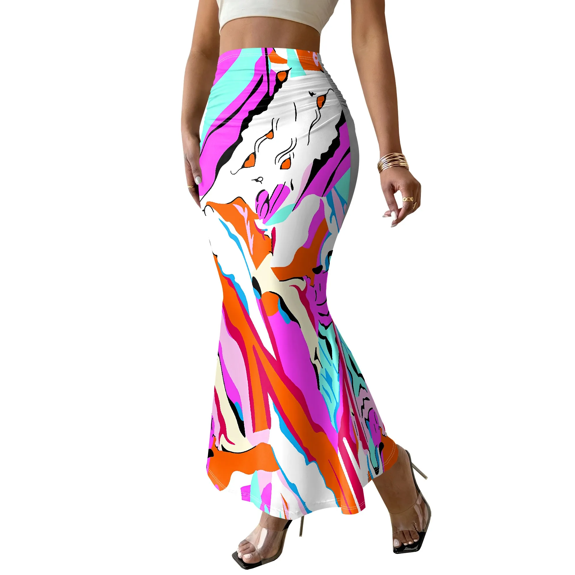 Abstract Art Mermaid Skirt, Colorful Print Maxi, Boho Summer Bottoms, Beach Party Wear, S-2XL