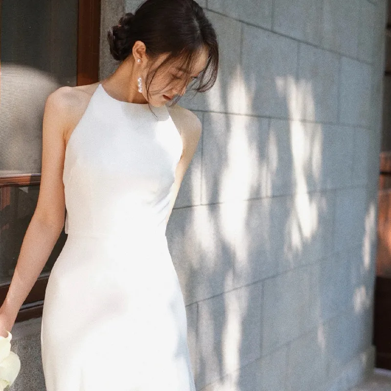 

Винтажное шифоновое легкое свадебное платье, элегантное свадебное платье трапециевидной формы с лямкой на шее и иллюзией сзади для улицы, пляжа, лужайки, свадьбы на заказ