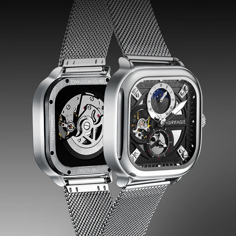 Luxury Men's Automatic Watch with Milanese Strap Square Dial Mechanical Wristwatch with Moon Phase Fashion Boy Reloj