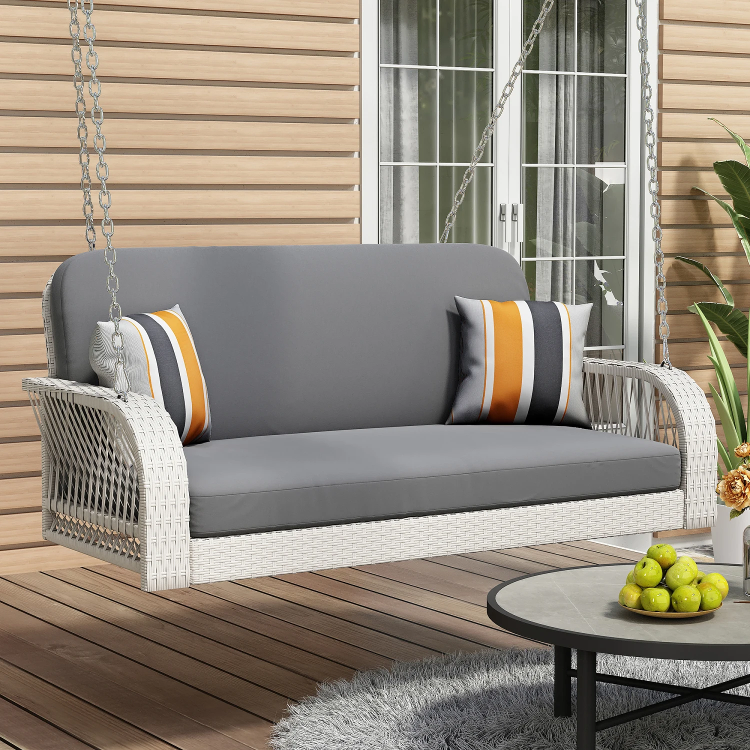 

"White & Gray 2-Seater PE Wicker Porch Swing, Patio Furniture for Garden Poolside"