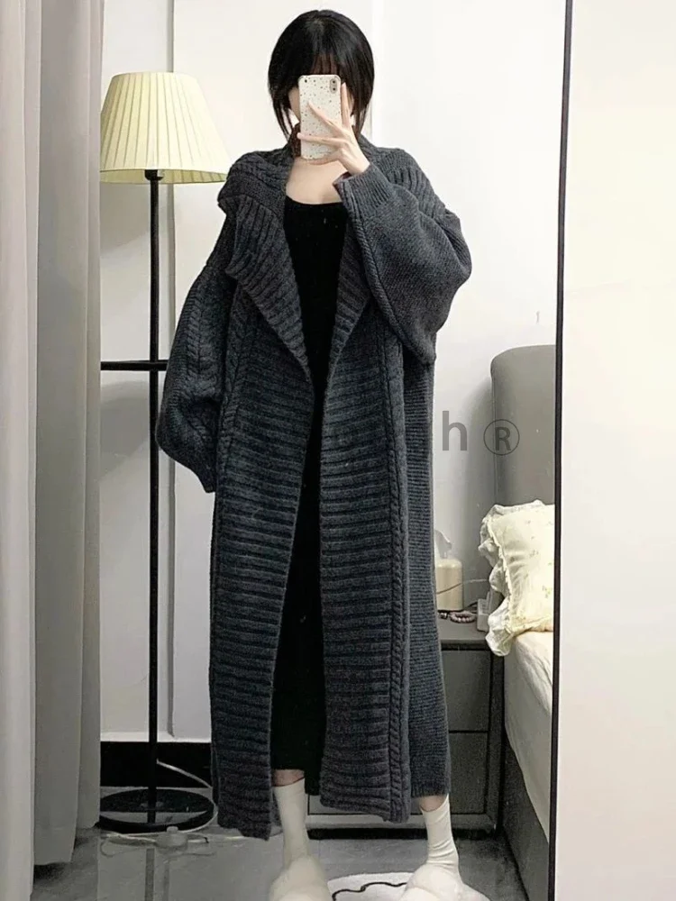 Autumn Winter Knitting Solid Long Sleeve Coat Women Vintage Chic Lapel Loose Long Cardigan Female Design Casual Warm Sweater New