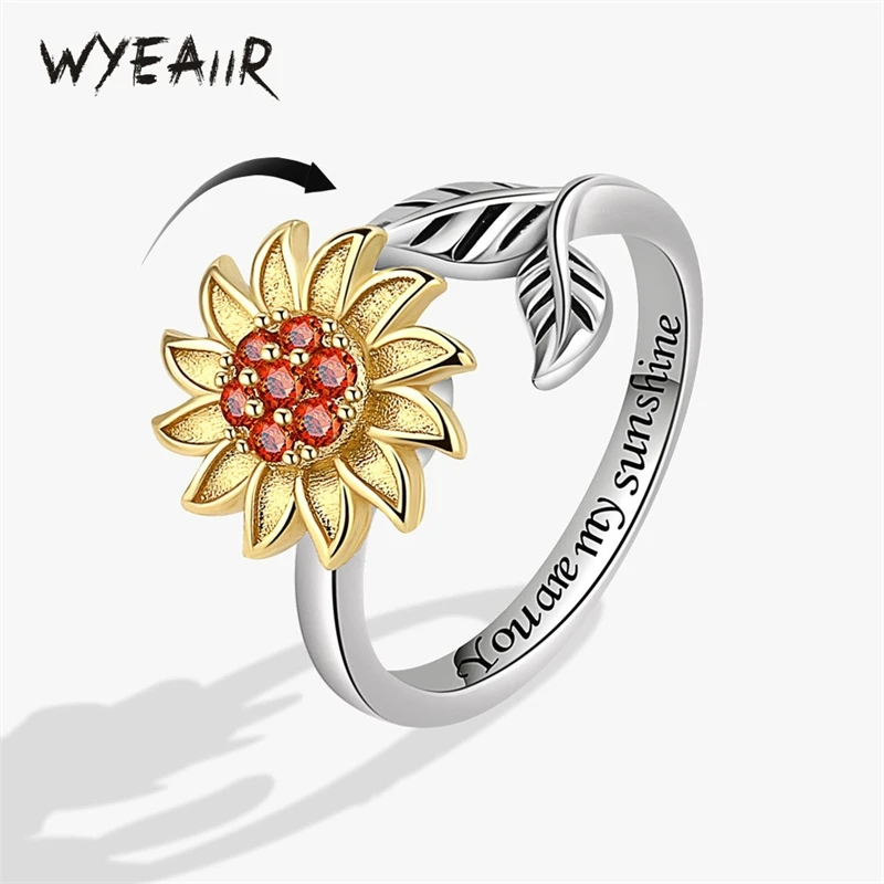 WYEAIIR Rotatable Reduce Pressure Sunflower Gold Art 925 Sterling Silver Resizable Opening Ring For Women Luxury Jewelry