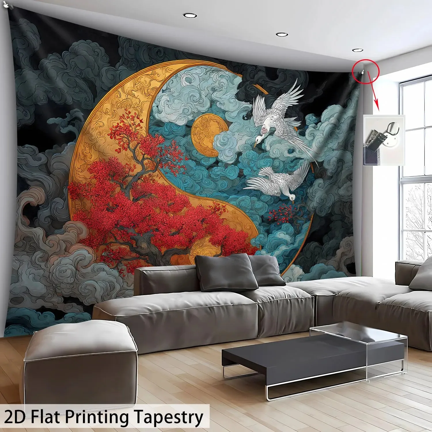 Japanischer Yin-Yang-Kranich-Wandteppich, 2D Flachdruck, Pfirsichhaut-Wandbehang, Zen Roter Baum Wolken Wandtuch für Wohnzimmer-Dekoration
