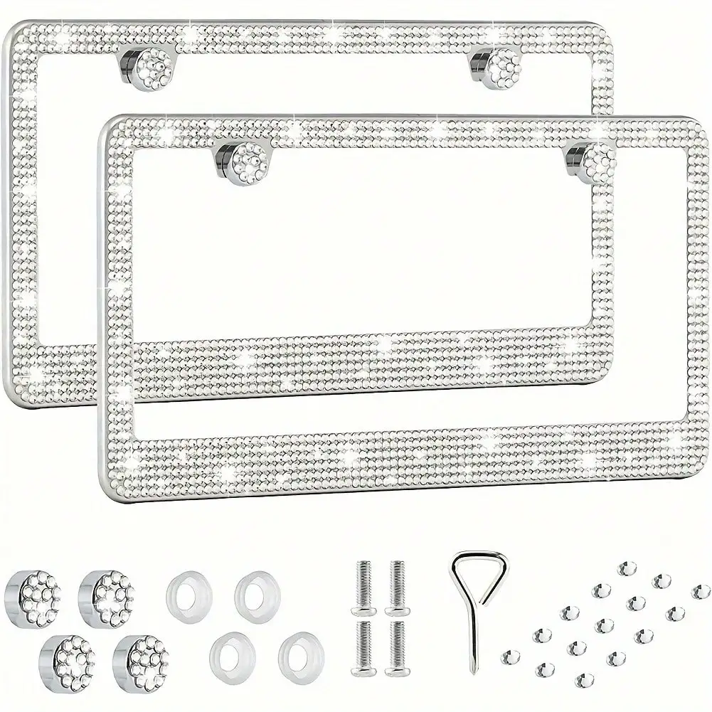 2 Stück Glitzernder Strass-Kennzeichenhalter, Funkelnde Kristall-Autokennzeichenabdeckung mit Schraubkappen, Universeller Standard – Detail 1