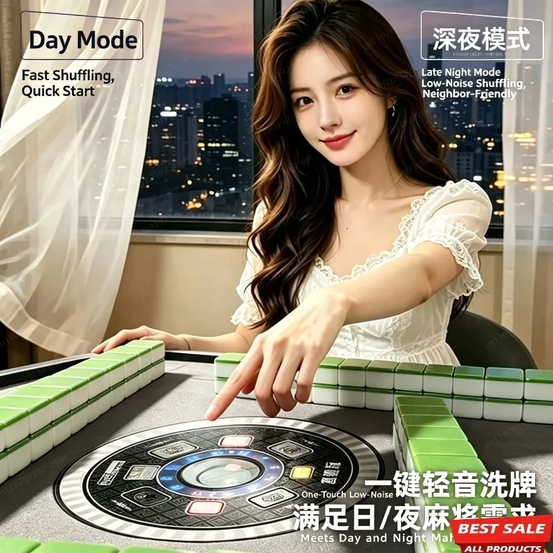 2-in-1 Dining & Mahjong Double-Fold Table, Automatic Silent Electric Shuffler with Dual-Mode Low Noise Tech