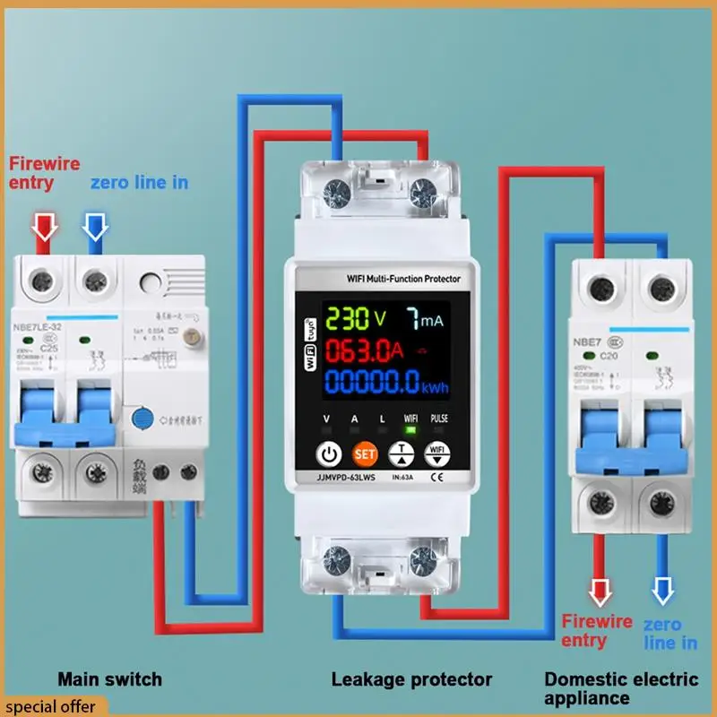 A68Z Tuya Wifi Smart Energy Meter Multifunction Automatic Reclosing Protector Circuit Breaker Voltage Current Leak Protection