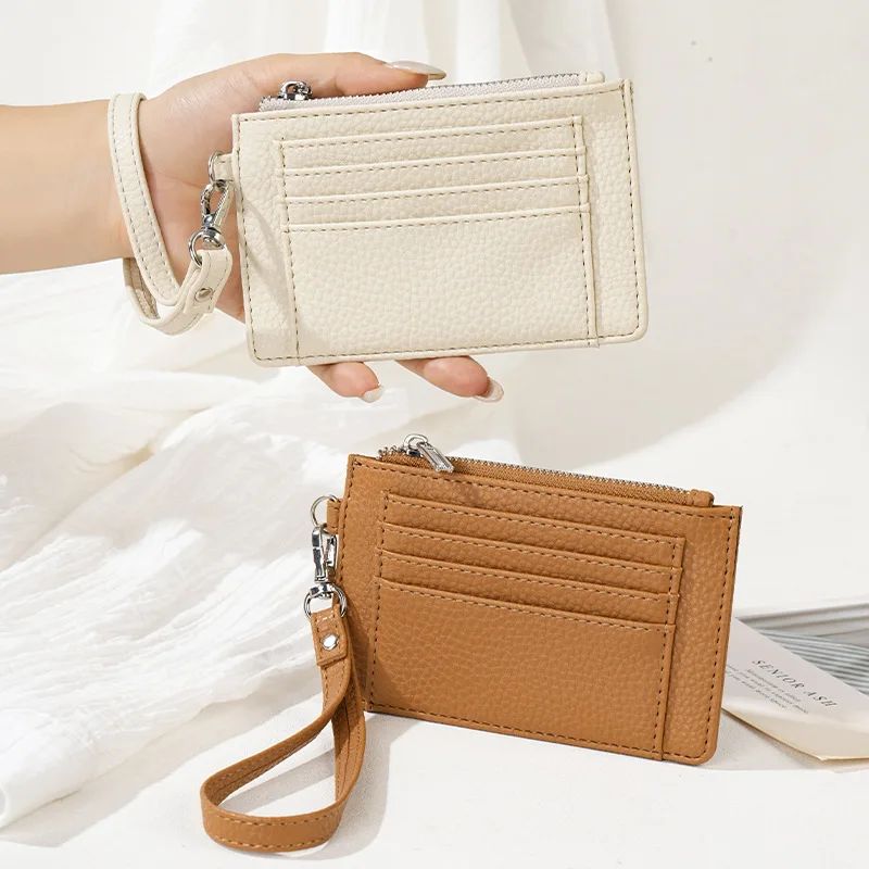 Multi-Card Slot PU Leather Credit Card Holder wallet solid colour Portable key coin Wallet with Wrist Strap & Coin Pocket