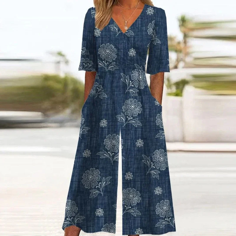 

Vintage Pattern Printed Waist Jumpsuit Summer Casual V-neck Short Sleeved Commuting Playsuit Elegant Women's Pocket Loose Romper