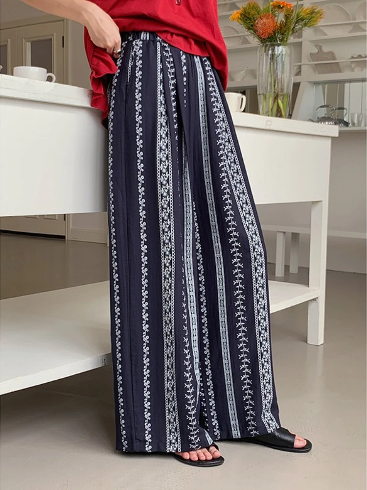 Vintage Print Wide-leg Pants Summer 2025 New Slouchy Style Linen Slacks