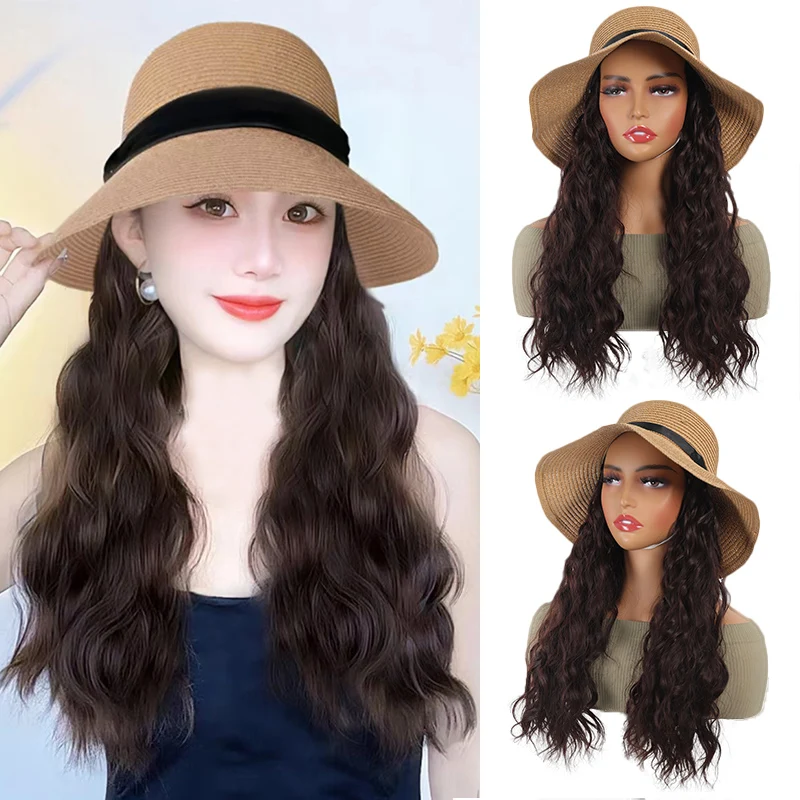 

Synthetic Cap Wig Long Water Ripple Wigs Spring Summer Long Wavy Woven Fisherman Hat Wigs for Women Girls daily use 16 Inch