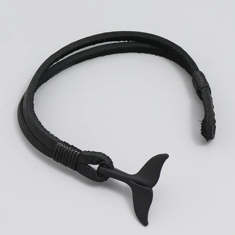 Whale Tail Leather Bracelet for Men Women Multi Wrap Black Genuine Leather Wristband Adjustable Ocean Theme Surfer Jewelry Gift