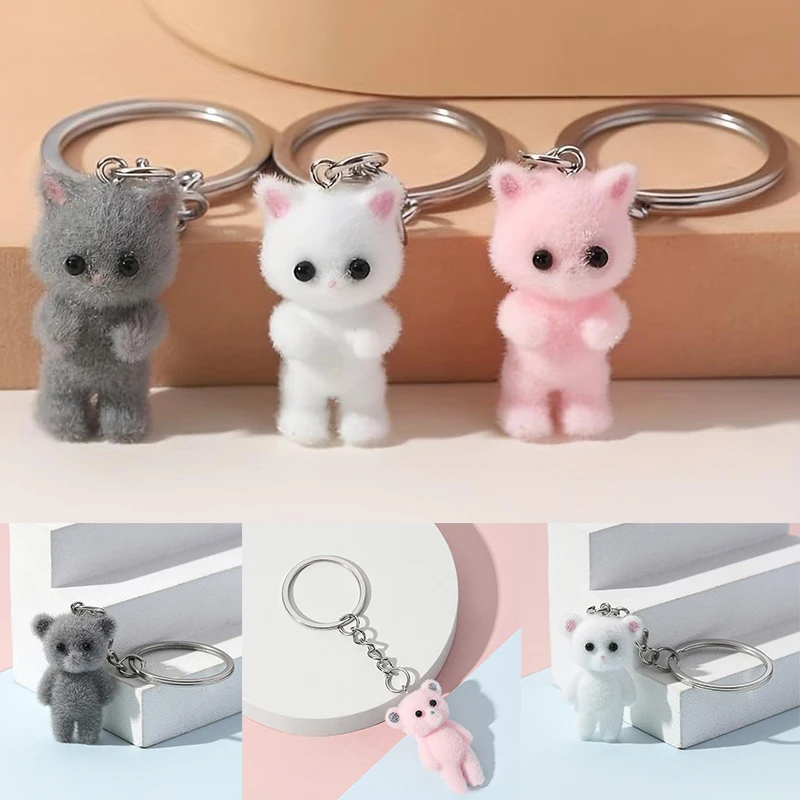 

Cute 3D Flocking Cat Small Bear Keychain Resin Cat Couple Mobile Phone Pendant Car Keyring Earphone Backpack Charms Bag Decor