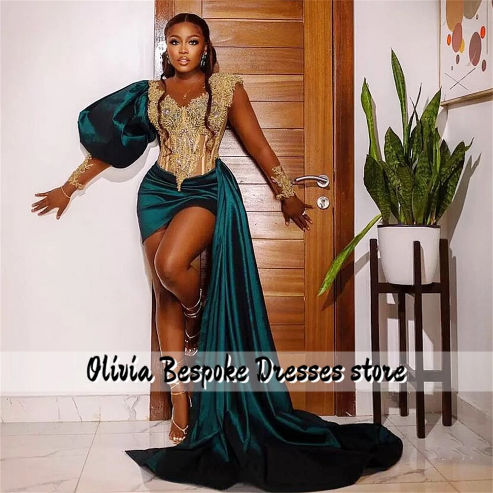 Vestidos de fiesta Aso Ebi de sirena verde oscuro Apliques de encaje con cuentas doradas Vestido de noche de manga abombada con tren lateral Africano personalizado