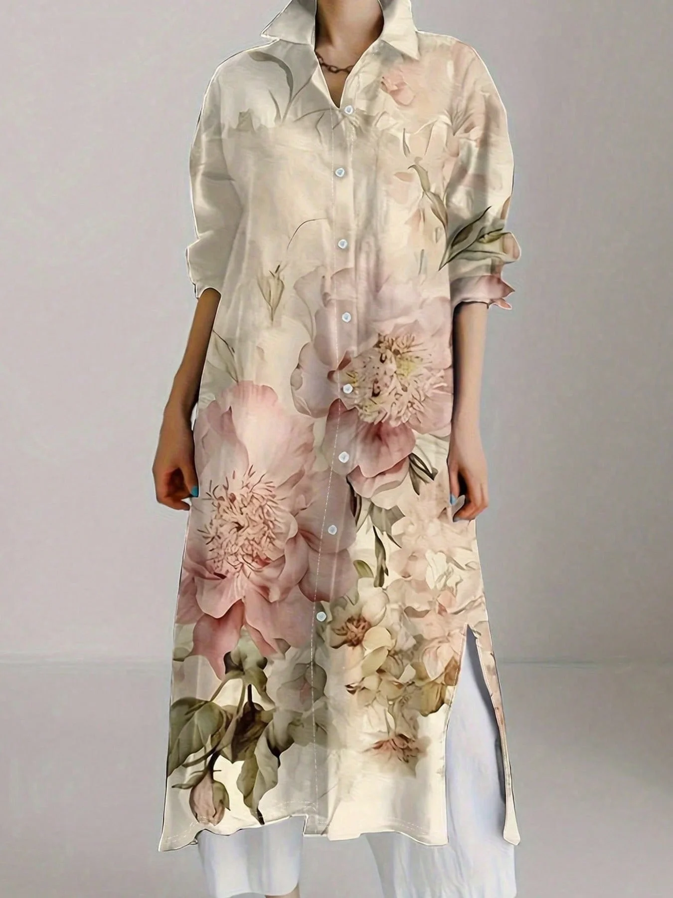 

Plus Size Women's Vintage Chic Floral Print Long Sleeve Shirt Dress