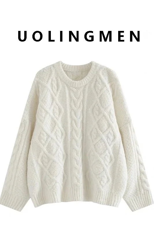 Maglione lavorato a maglia allentato autunno inverno da donna rotondo Ne Lazy Sle capispalla colore bianco latte motivo a spirale termico caldo