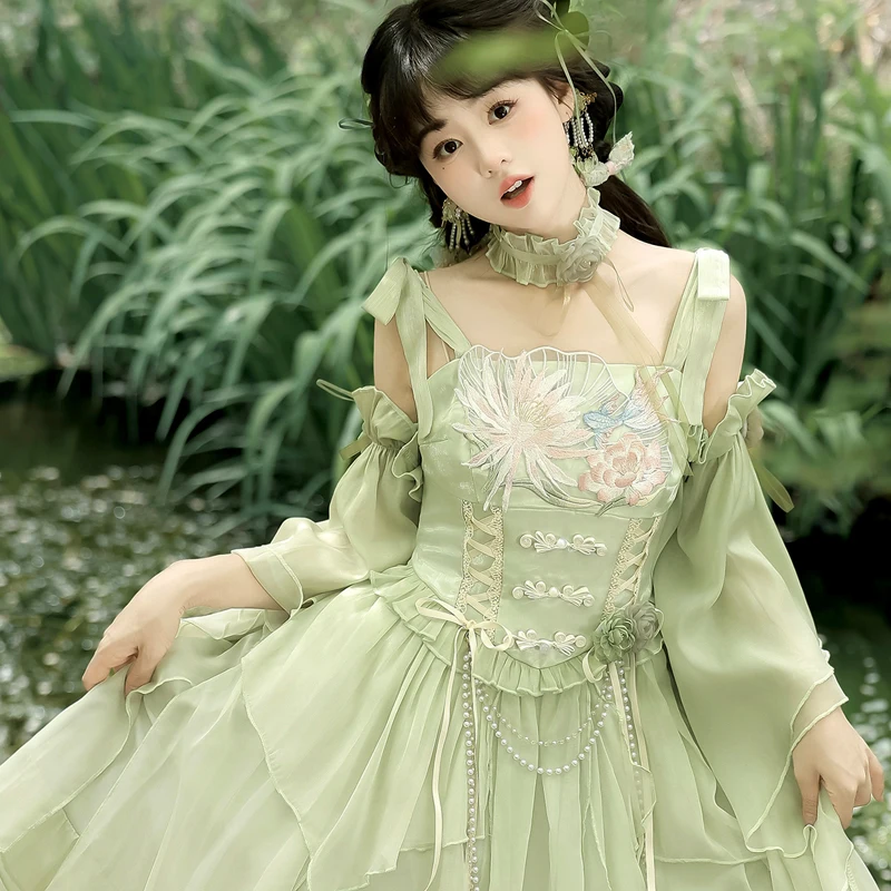สไตล์จีน Lolita หวานสีเขียว Princess Fairy Feather แขนสด Suspender ชุดญี่ปุ่น Rojita ชุดสําหรับเสื้อผ้าสตรี