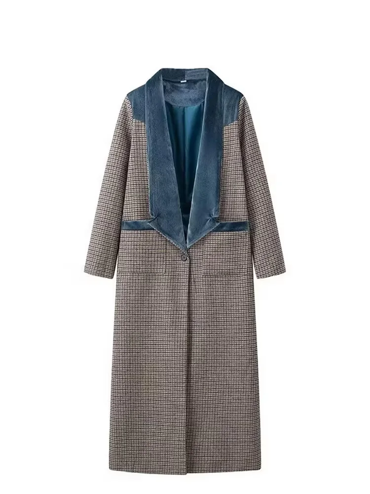 Trafza Damen neue Mode Turn Down Kragen Langarm Single Button Plaid Woll jacke weibliche schicke elegante Taschen mantel Mujer