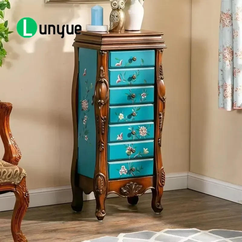American Country Retro Luxury Classic Birch Solid Wood Dresser Hand Painted European Bedroom 7 Drawer Jewelry Cabinet Storage