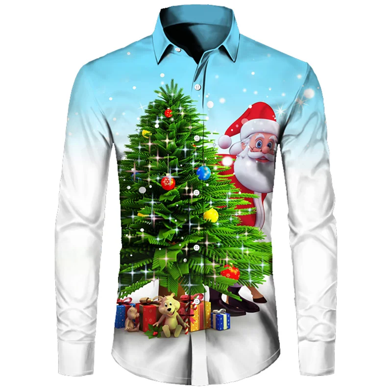 2024 Christmas Shirt Men\'s 3D Printed Single Breasted Lapel Long Sleeve Casual Top New Year Gift 6XL