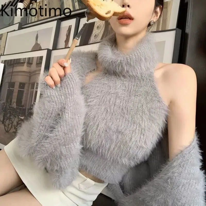 Kimotimo Knitted Top 2 Piece Sets Women Autumn Winter Sexy Turtleneck Sleeveless Vest Short Long Sleeve Sweater Cardigan Suits