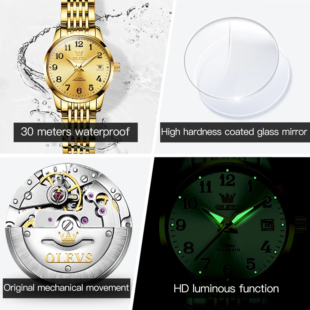 OLEVS Brands Simple Women Mechanical Watch Luxury Stainless Steel Waterproof Luminous Calendar Automatic Watch for Women Gift