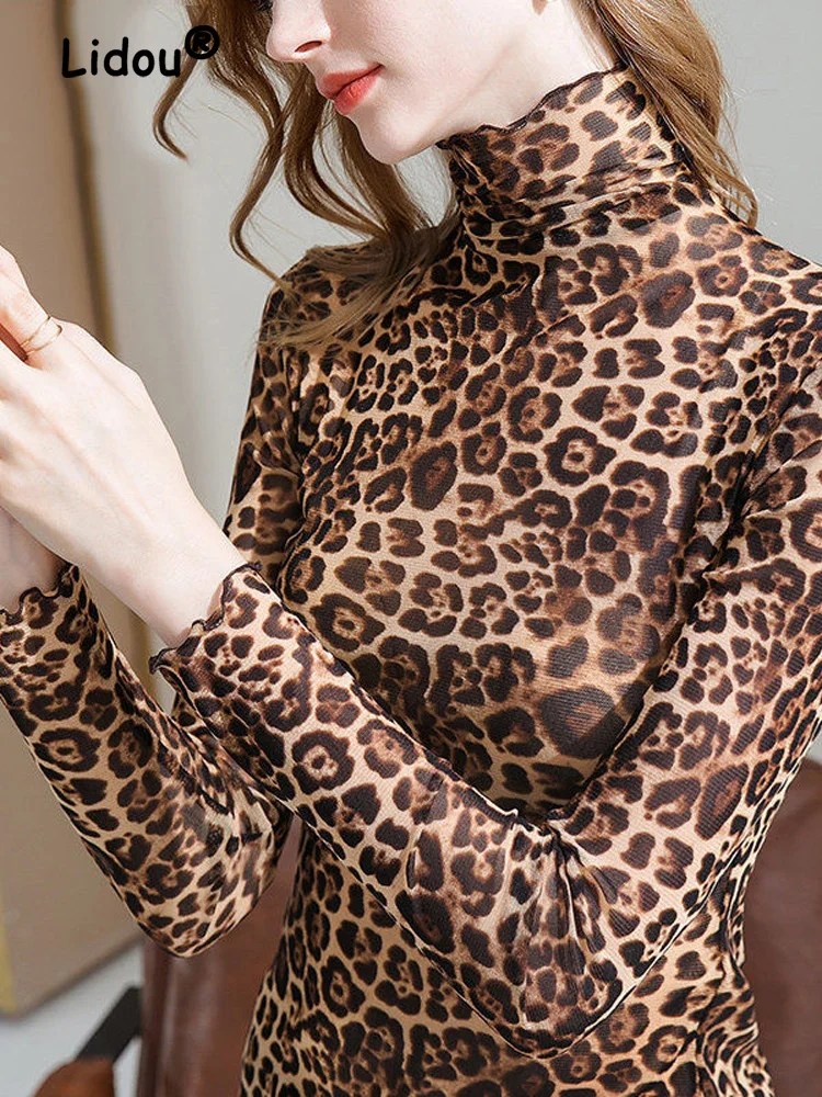 

Autumn Winter Fashion Leopard Print T-shirt Women Classic Long Sleeve Turtleneck Interior Lapping Keep Warm Bottoming Shirt Top