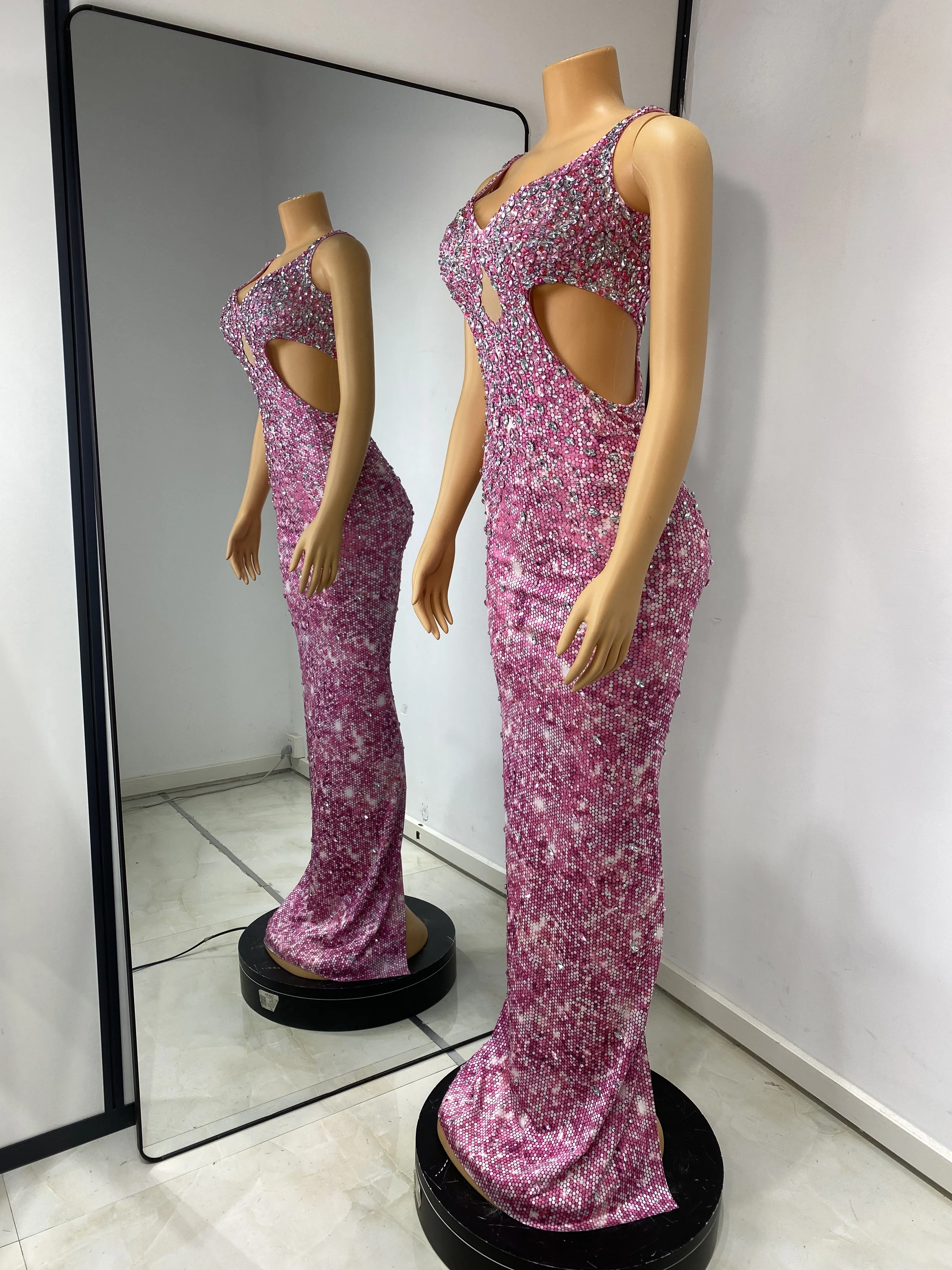 Frauen Luxus Rosa Sparkly Strass Gedruckt Cut Out V-ausschnitt Bodycon Langes Kleid Ein Stück Promi Abend Party Gala Kleider