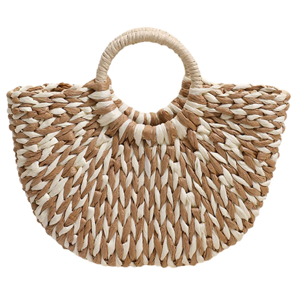 Women Straw Tote Handbag Large Capacity Semi-Circle Woven Bag Color Clash Semicircle Weaving Bag Summer Beach Handbag