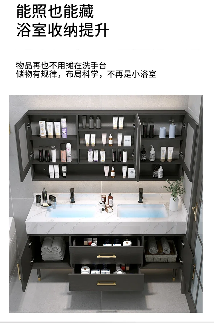 

Marble Countertop Bathroom Accessories Sets Solid Intelligent Wood Cabinet Smart Mirror Vanity Unit Basin Faucet Combination