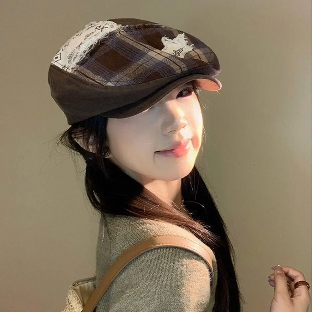 

Retro Vintage Star Plaid Beret American Versatile Newsboy Cap Brown Y2k Painter Cap Spring Summer