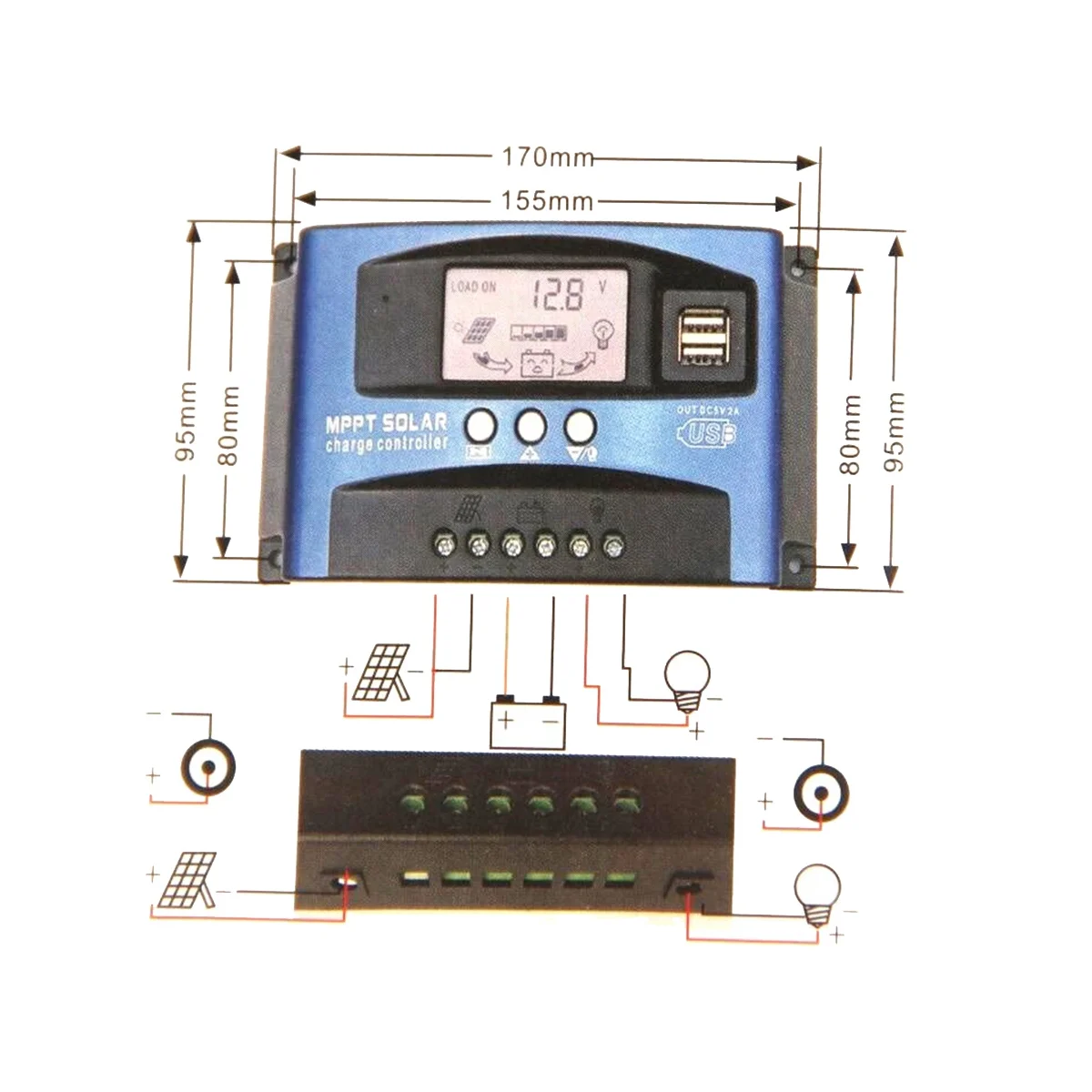 MPPT Solar Controller Dual USB LCD Display 12V 24V Auto Solar Cell Panel Charger Regulator with Load(60A)