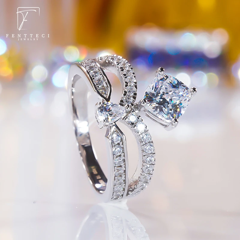 FENTTECI 925 Sterling Silver Platinum Plated Moissanite Crown Ring Micro-set Water Drop Luxury Jewelry for Women Wedding Gift