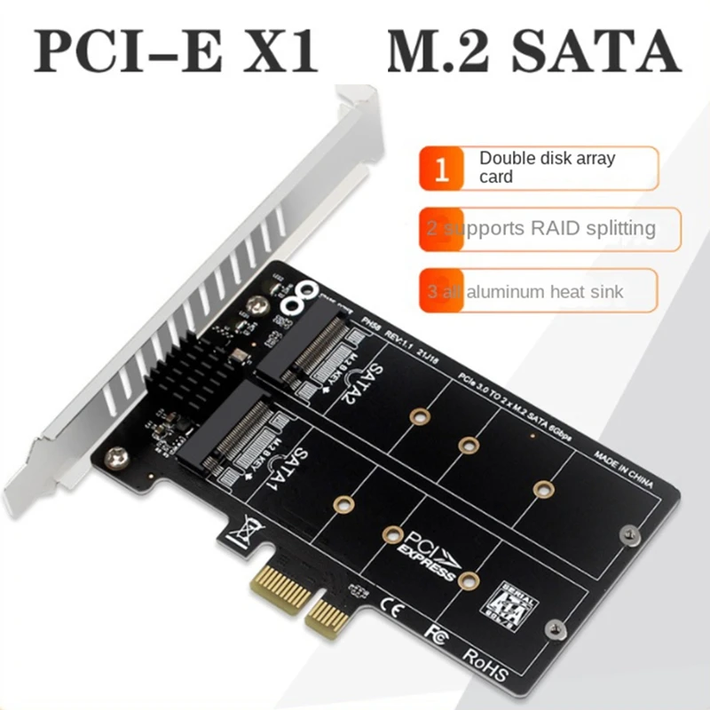 PH58 2 X M2 SATA To PCIE Adapter Card Double Disc Display Card RAID Splitter Expansion Card Pcie X1 To NGFF M2 SATA SSD