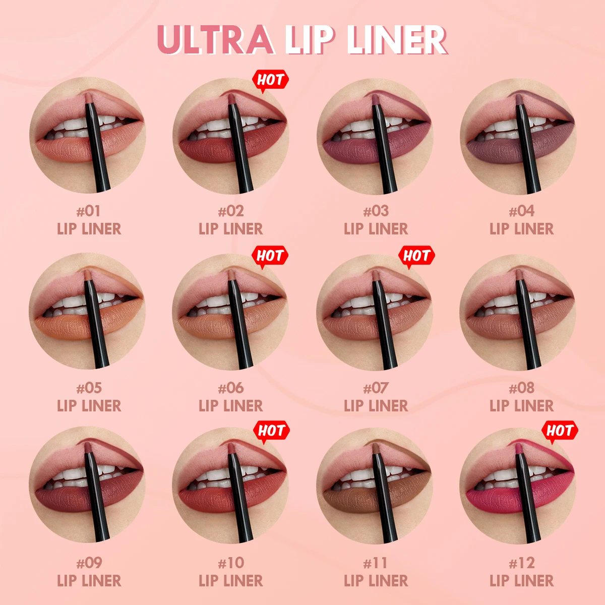 12 Colors Lip Liner , Matte Dewy Finish Long Lasting Waterproof Smudge Proof Lip Liner