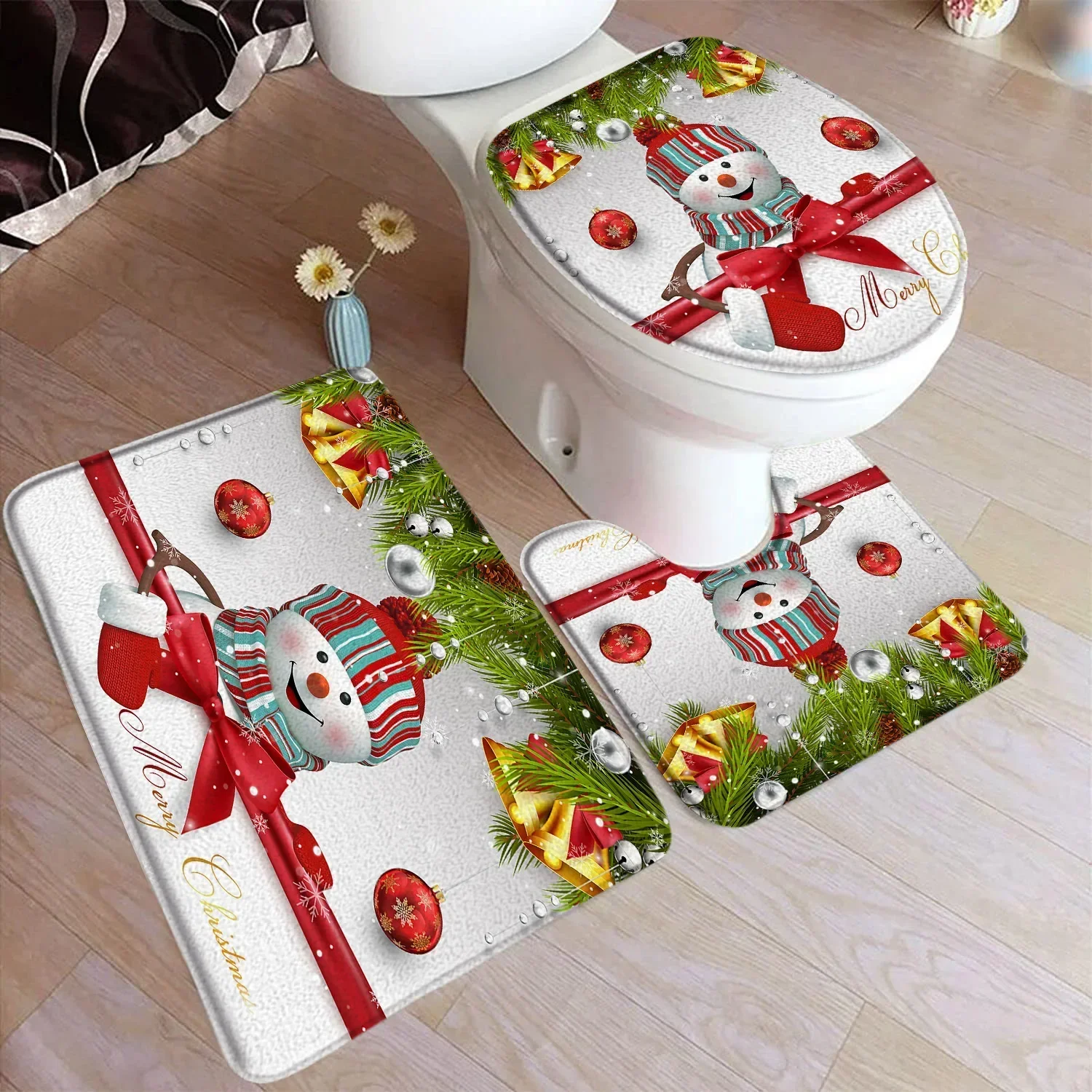 Cute Snowman Christmas Bath Mat Set White Snowflake Red New Year Xmas Carpet Home Bathroom Decoration Floor Rug Toilet Lid Cover