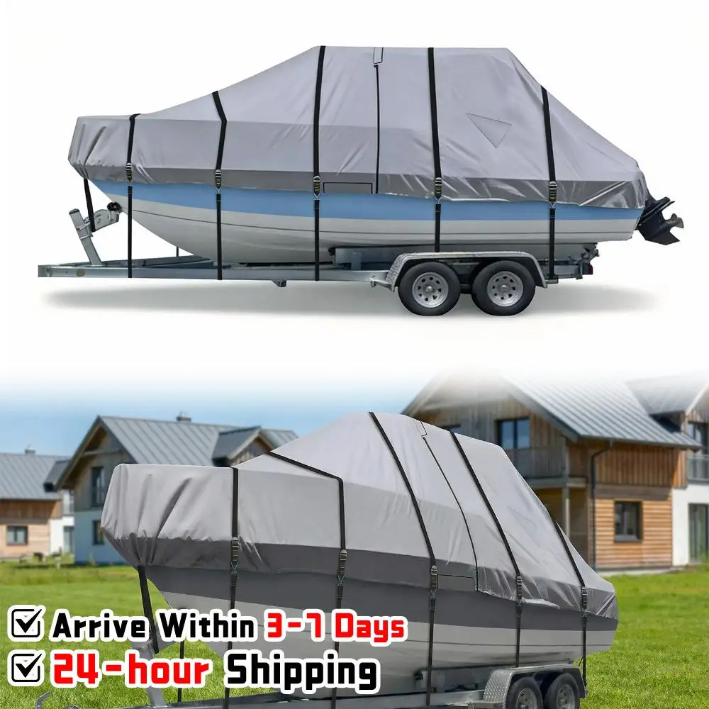 

1200D T Top Boat Cover with Motor Covering & Adjustable Buckle Snowproof Boat Cover with 18 Tie Down Strap For Protecting Roof